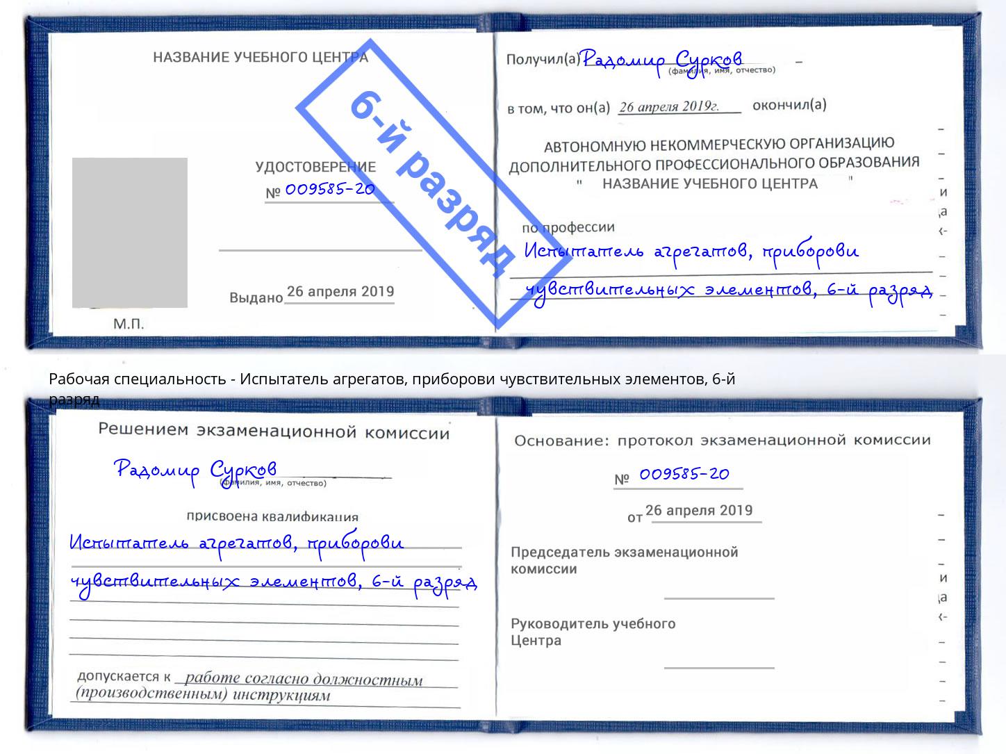 корочка 6-й разряд Испытатель агрегатов, приборови чувствительных элементов Малоярославец