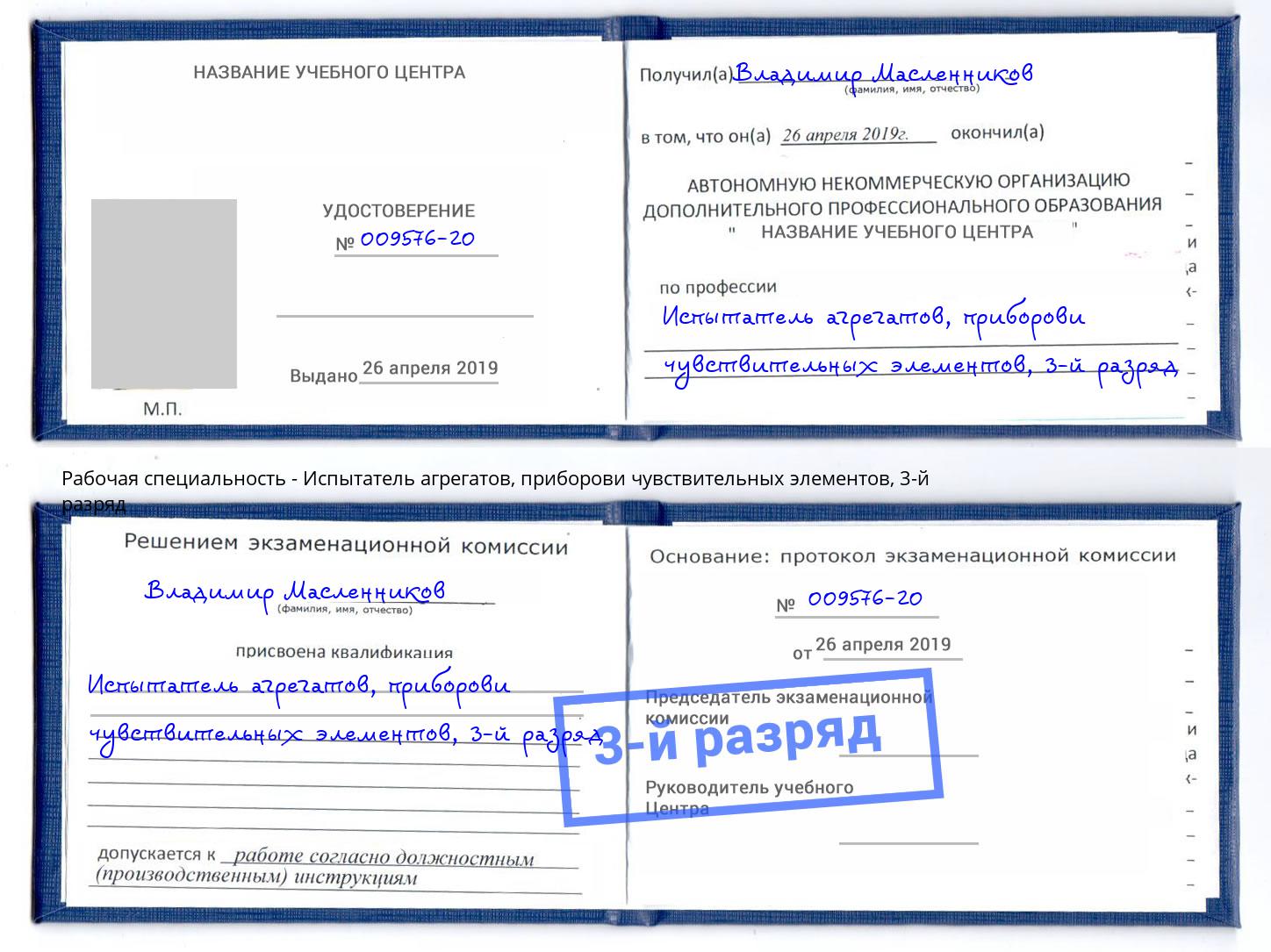 корочка 3-й разряд Испытатель агрегатов, приборови чувствительных элементов Малоярославец