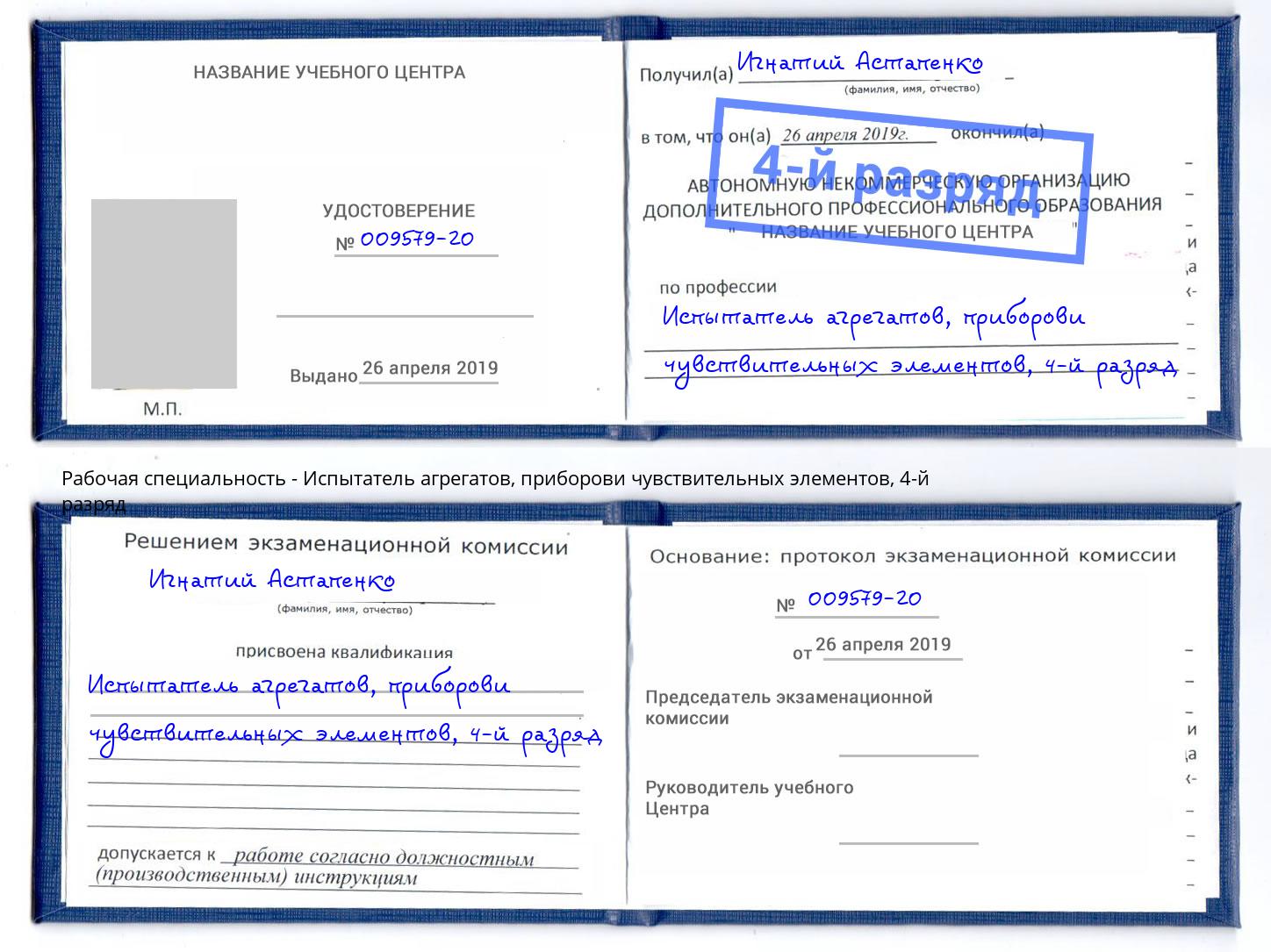 корочка 4-й разряд Испытатель агрегатов, приборови чувствительных элементов Малоярославец