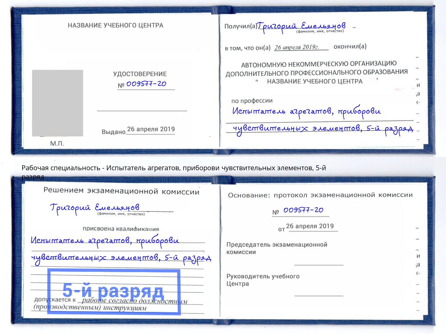 корочка 5-й разряд Испытатель агрегатов, приборови чувствительных элементов Малоярославец