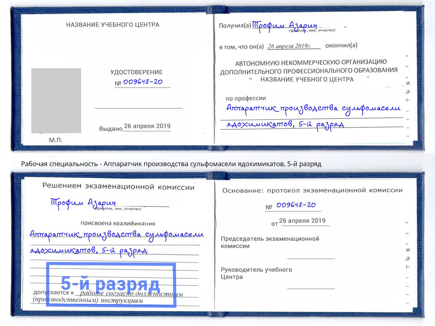 корочка 5-й разряд Аппаратчик производства сульфомасели ядохимикатов Малоярославец