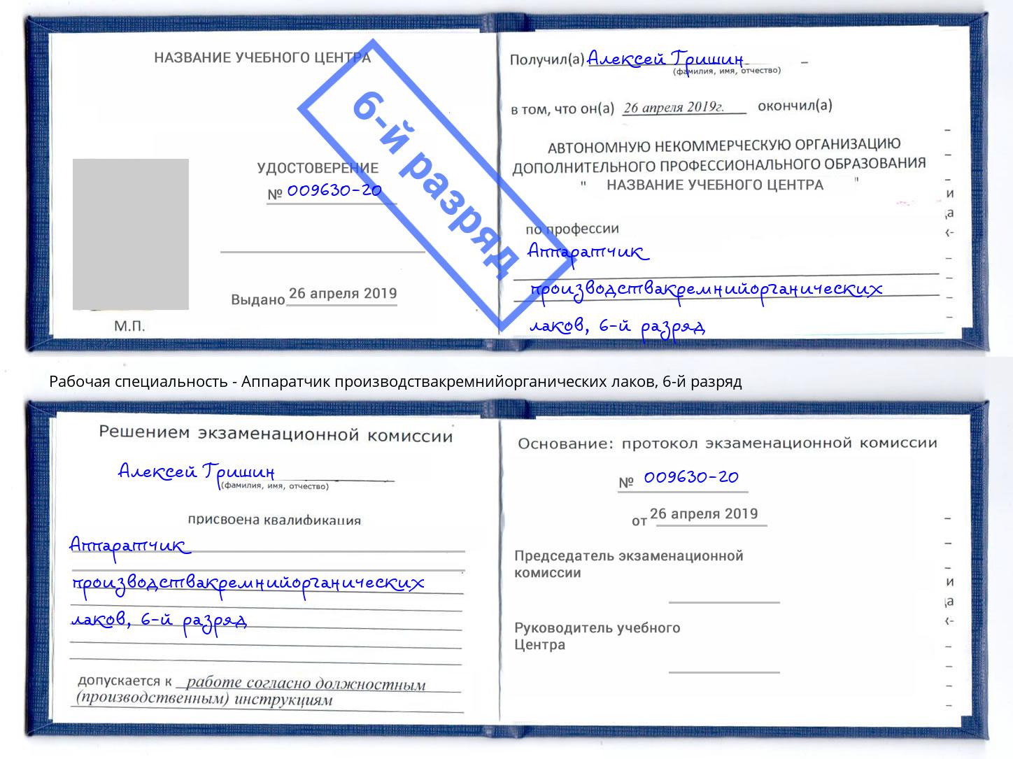 корочка 6-й разряд Аппаратчик производствакремнийорганических лаков Малоярославец