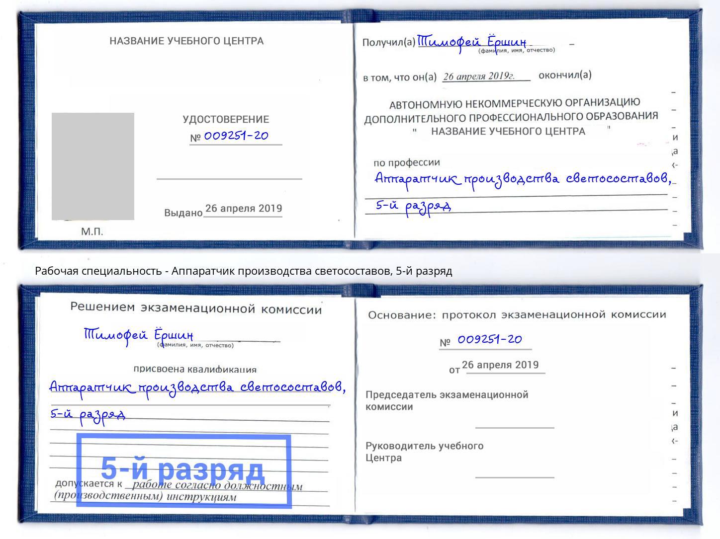 корочка 5-й разряд Аппаратчик производства светосоставов Малоярославец