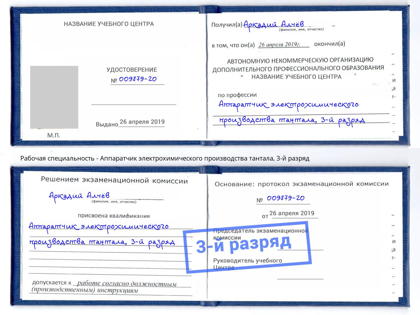 корочка 3-й разряд Аппаратчик электрохимического производства тантала Малоярославец