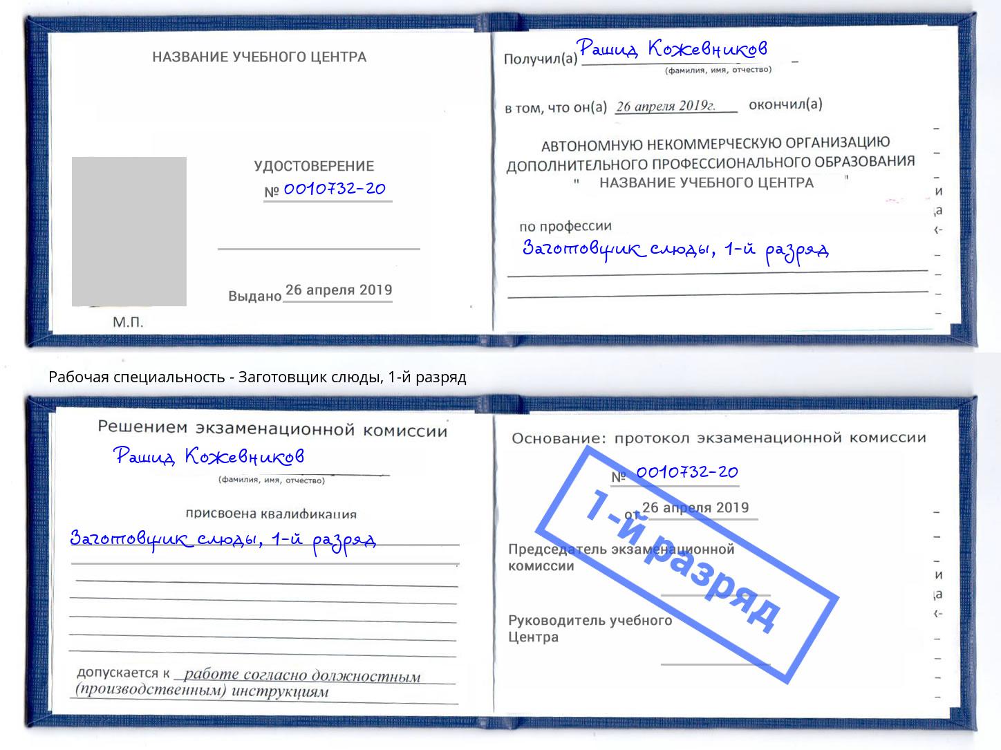 корочка 1-й разряд Заготовщик слюды Малоярославец
