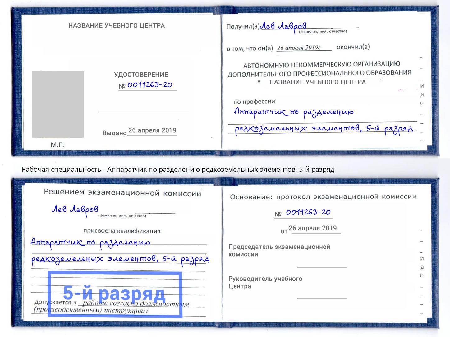 корочка 5-й разряд Аппаратчик по разделению редкоземельных элементов Малоярославец