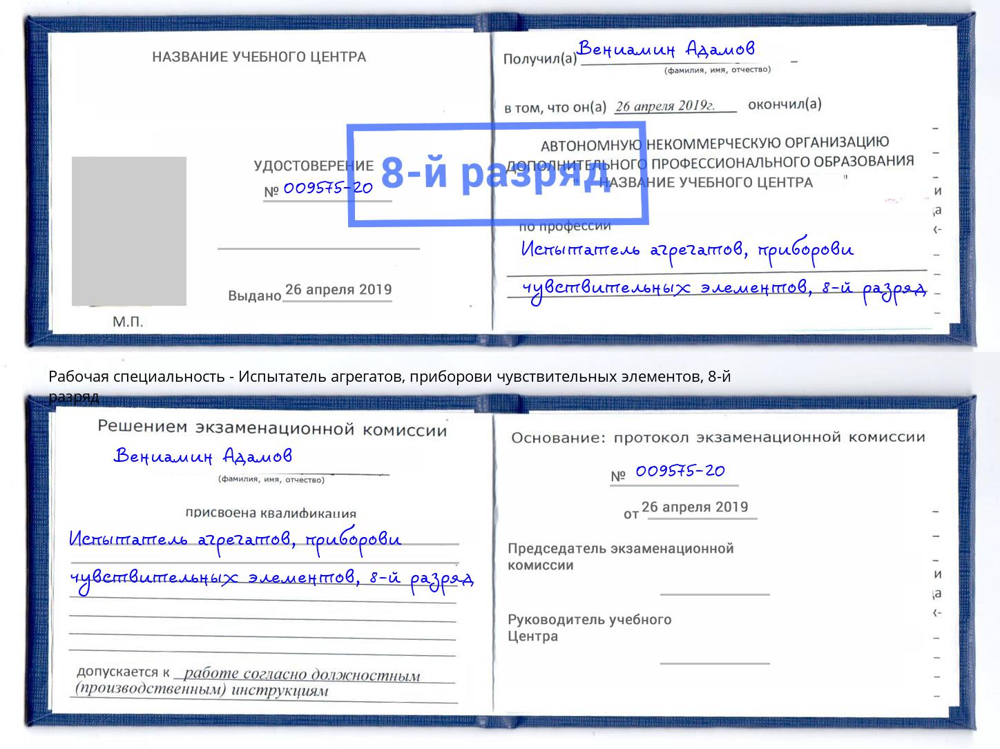 корочка 8-й разряд Испытатель агрегатов, приборови чувствительных элементов Малоярославец