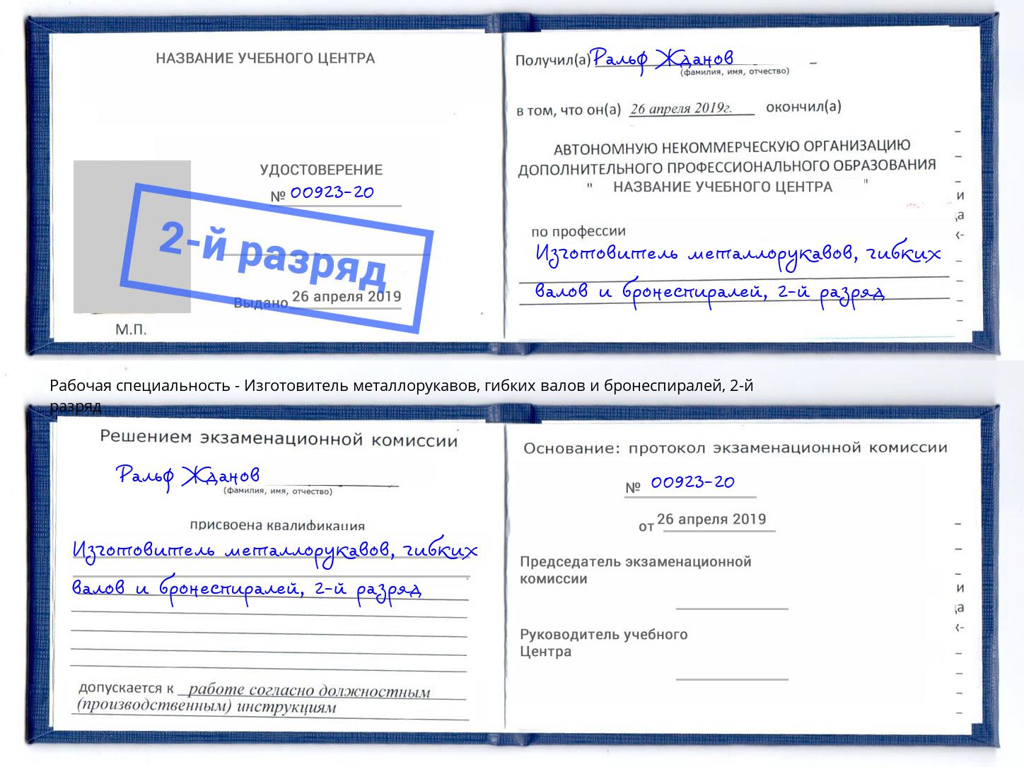 корочка 2-й разряд Изготовитель металлорукавов, гибких валов и бронеспиралей Малоярославец
